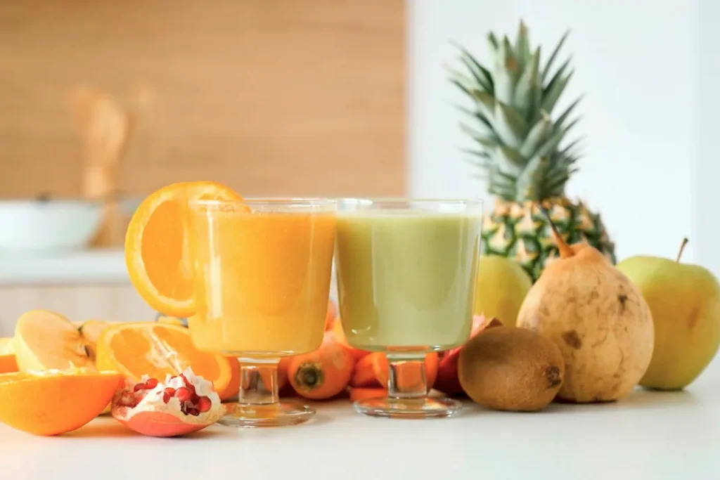 Dieta na oczyszczanie organizmu – co jeść, żeby wspomóc naturalne procesy oczyszczania? 1 Świeże soki pomarańczowe i zielone w szklankach, ustawione obok cytrusów, granatów, kiwi, gruszek i ananasów na jasnym blacie kuchennym, przywodząc na myśl zdrowy, słoneczny nastrój.